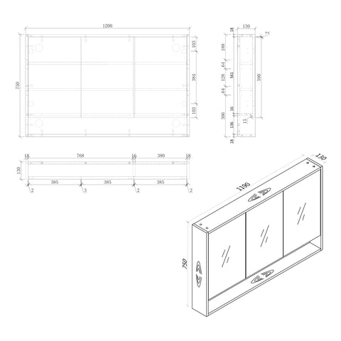 Timber Veneer Mirror Cabinet with Open Shelf Pencil Edge - 750/900/1200x750mm - Various Colours