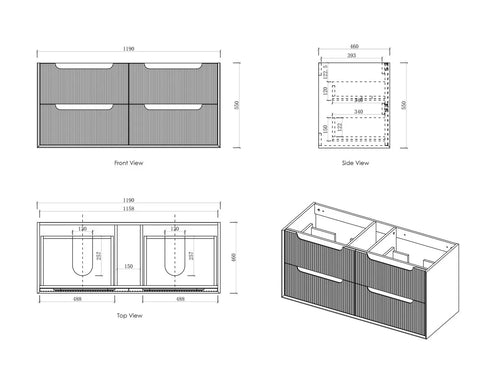BV43WH Natural Oak Fluted Wall Hung Vanity - 600 / 750 / 900 / 1200 / 1500 / 1800mm