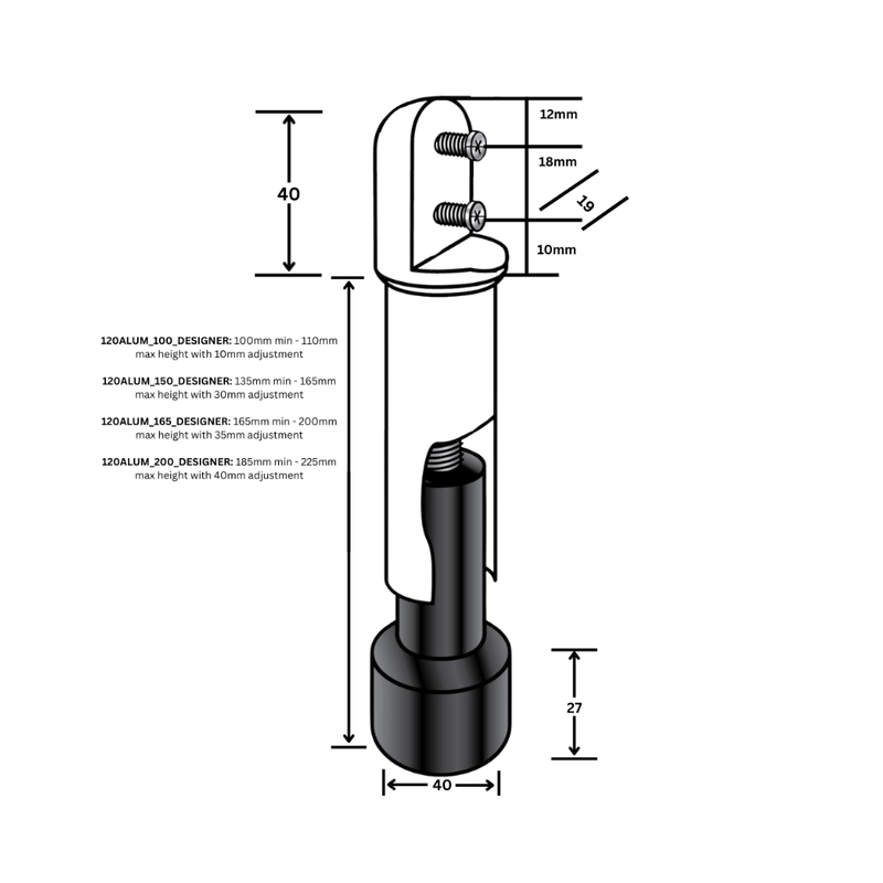 100mm Heavy Duty Aluminium Leg in Designer Black - 120ALUM_100_DESIGNER