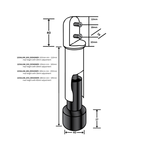 100mm Heavy Duty Aluminium Leg in Designer Black - 120ALUM_100_DESIGNER