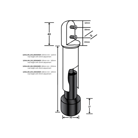 165mm Heavy Duty Aluminium Leg in Designer Black - 120ALUM_165_DESIGNER