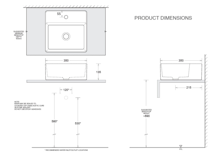 Venezia Above Counter Ceramic Basin 350x350mm - Gloss White (Floor Display Clearance)