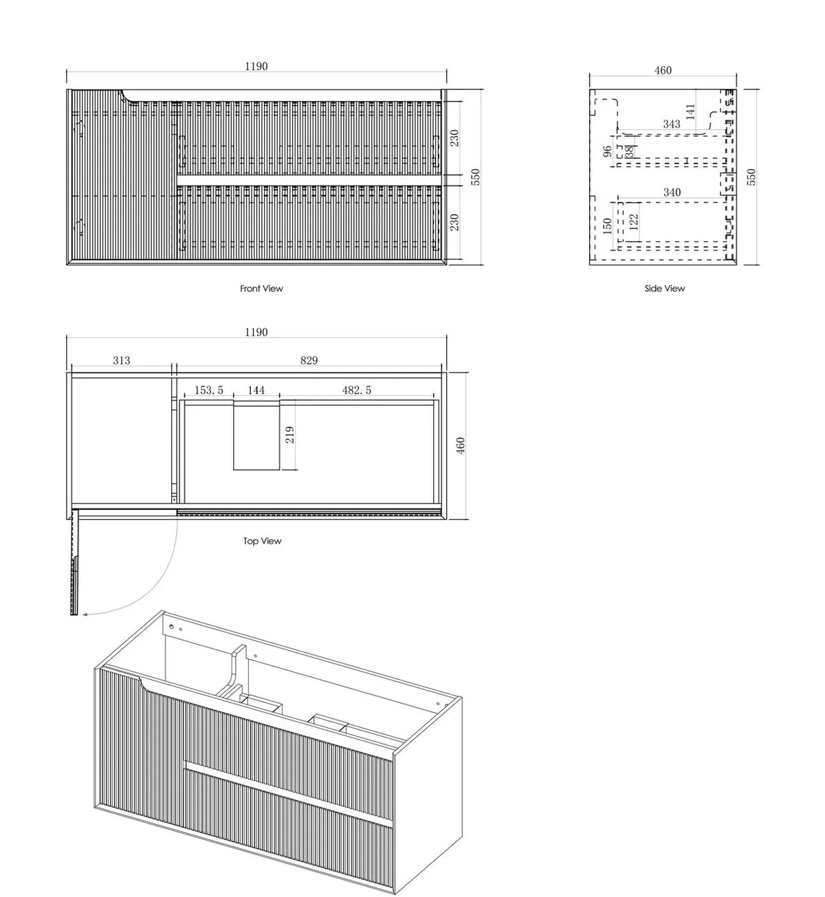 BV43WH Natural Oak Fluted Wall Hung Vanity - 600 / 750 / 900 / 1200 / 1500 / 1800mm