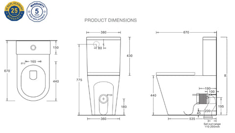 Johnson Suisse Raised Height Back To Wall Tornado Rimless Flush Toilet Suite with Soft Close Seat - White (4 Star)