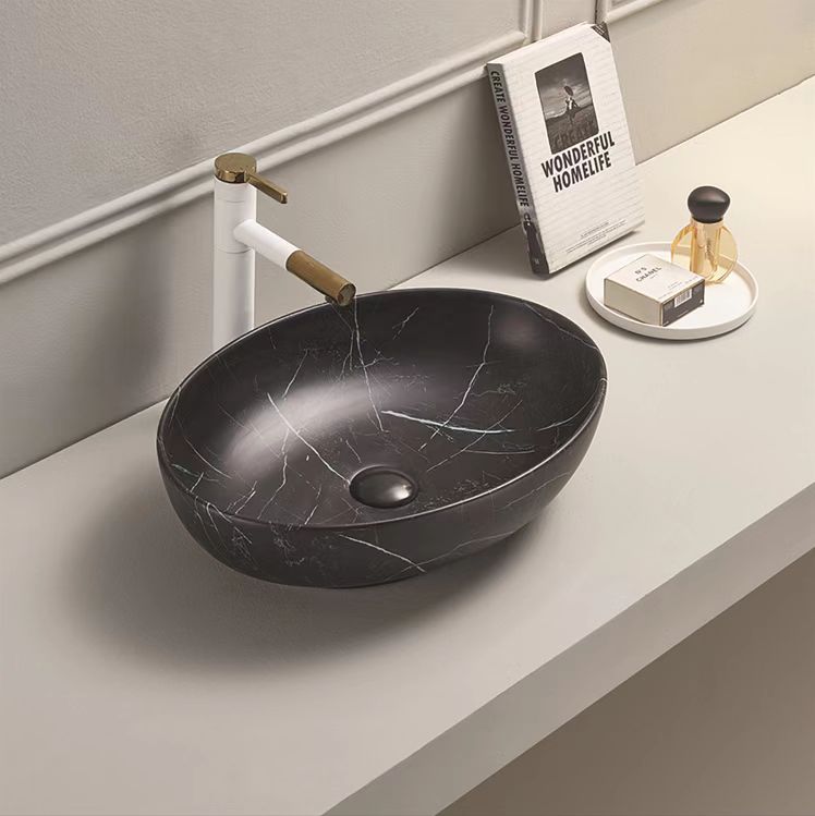 Oval Black Carrara Counter Top Basin Ceramic Basin 520x395mm