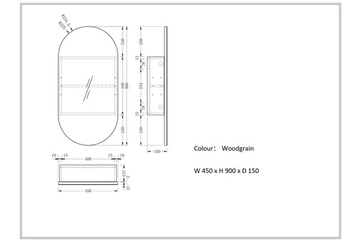 Pill Shape Mirror Cabinet Pencil Edge 450x900mm - Matte White / Matte Black / Woodgrain
