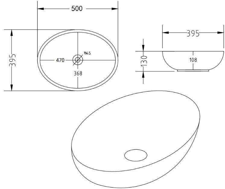 Oval Black Carrara Counter Top Basin Ceramic Basin 520x395mm