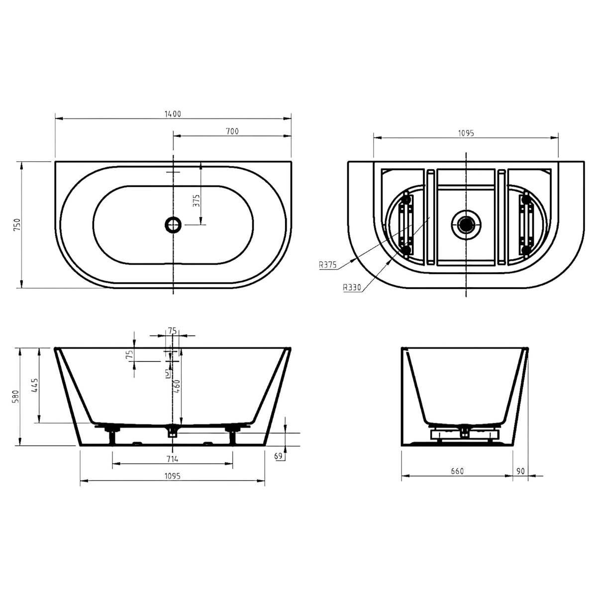 Paco Back to Wall Freestanding Bath with Overflow 1400 / 1500 / 1700mm - Gloss White