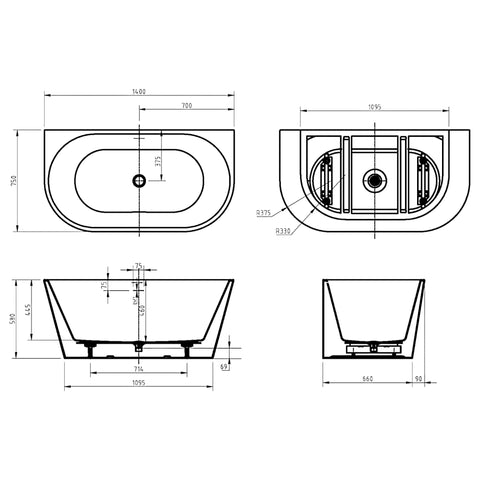 Paco Back to Wall Freestanding Bath with Overflow 1400 / 1500 / 1700mm - Gloss White