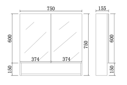 Mirror Cabinet with Open Shelf Pencil Edge 750x750mm - Matte Black (Floor Display Clearance)