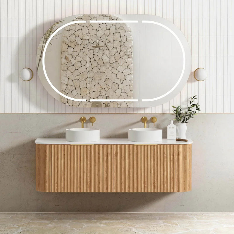 BV12WH Curved Flute Natural Oak Wall Hung Vanity - 600 / 750 / 900 / 1200 / 1500 / 1800mm