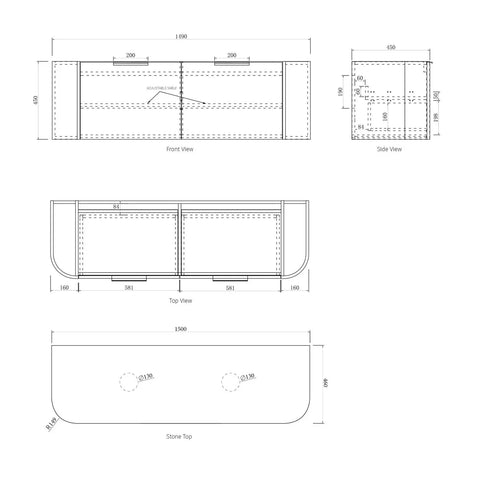 BV63WH Curved Fluted Matte White Wall Hung Vanity with Satin White Stone Top -  1500mm (Stock Clearance)