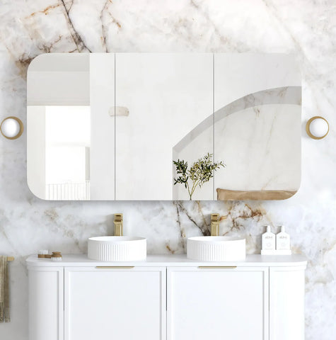 Soft Square Mirror Cabinet Pencil Edge 900/1200/1500/1800mm - Matte White / Natural Oak