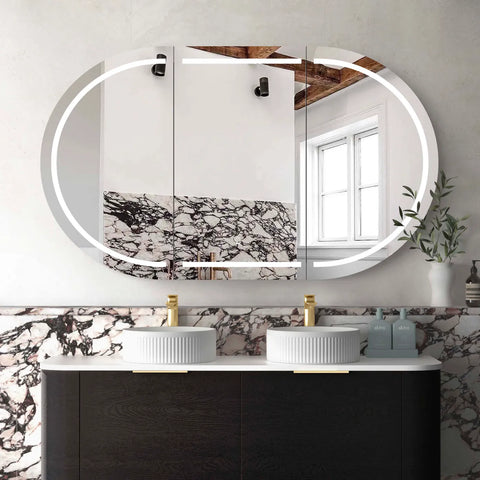 Oval LED Mirror Cabinet 900/1200/1500/1800mm - Matte White / Natural Oak / Black Oak