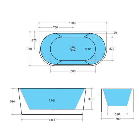 Back to Wall Freestanding Bath 1500 / 1700mm - Matte Black & White