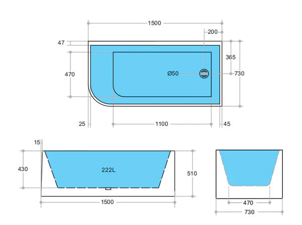 Matte White Right Hand Corner Freestanding Bath 1500 / 1700mm - Matte White