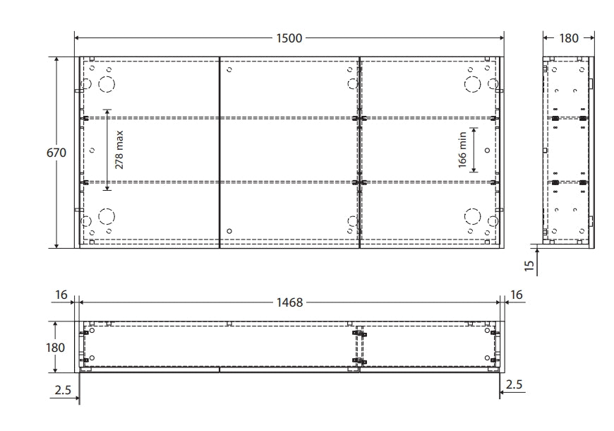 Mirror Cabinet Pencil Edge 1500mm - White / Woodgrain Finish