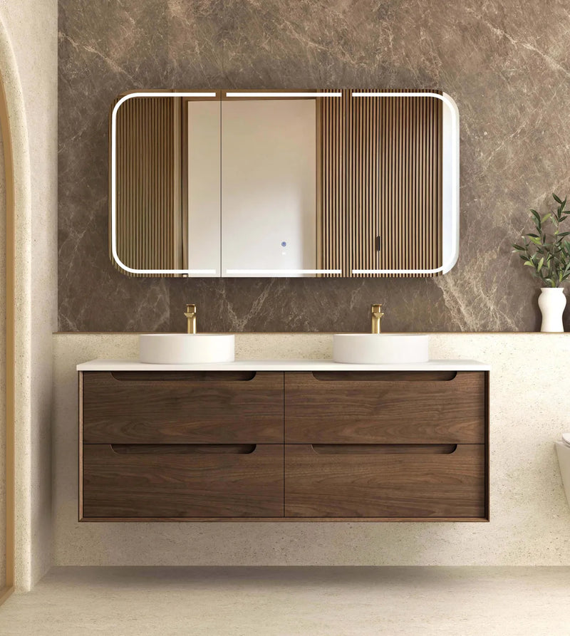 BV99WH Dark Walnut Fingerpull Wall Hung Vanity - 600 / 750 / 900 / 1200 / 1500mm