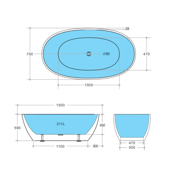 Oval Freestanding Bath 1500 / 1700mm - Matte Black & White