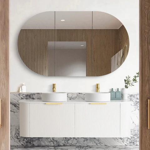 BV63WH Curved Fluted Matte White Wall Hung Vanity with Satin White Stone Top -  1500mm (Stock Clearance)