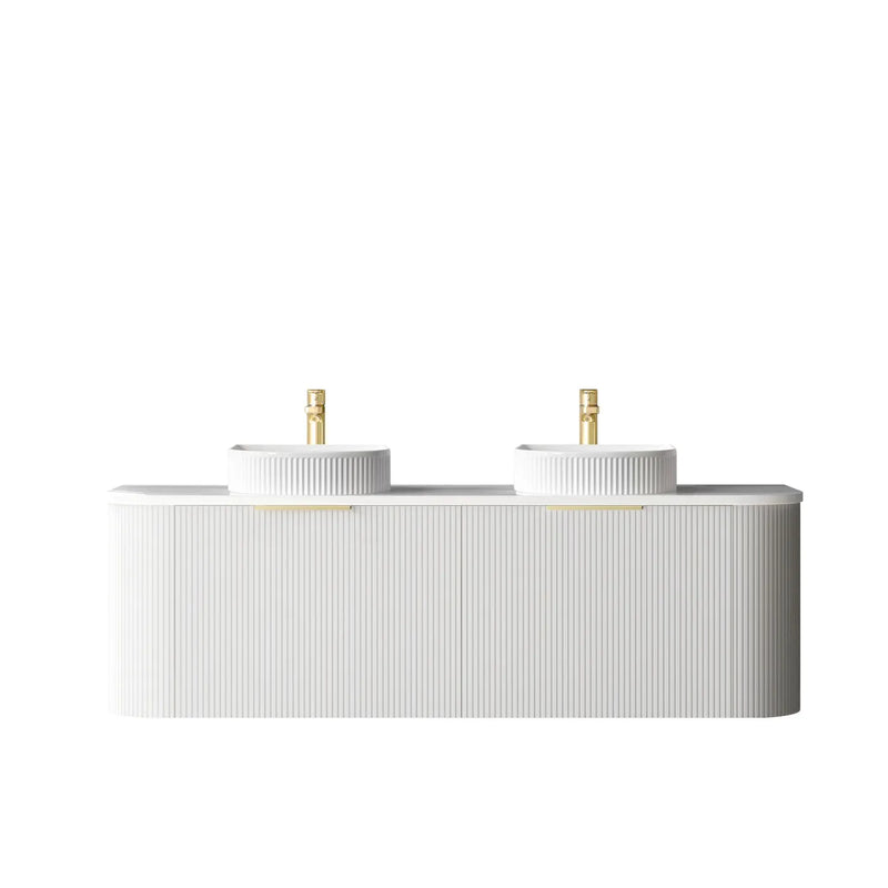 BV63WH Curved Fluted Matte White Wall Hung Vanity with Satin White Stone Top -  1500mm (Stock Clearance)