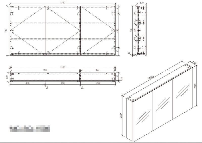 Mirror Cabinet Pencil Edge 1500mm - White / Woodgrain Finish