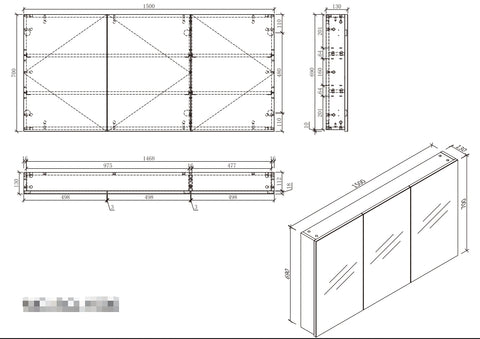 Mirror Cabinet Pencil Edge 1500mm - White / Woodgrain Finish