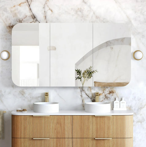 Soft Square Mirror Cabinet Pencil Edge 900/1200/1500/1800mm - Matte White / Natural Oak