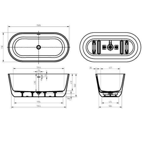 Oval Freestanding Bath with Overflow 1500 / 1700 mm - Gloss White / Matte White