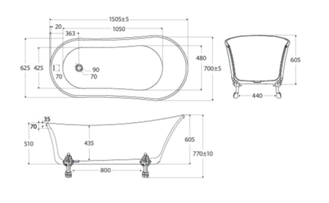 Clawfoot Freestanding Bath with Overflow 1500mm / 1700mm - Gloss White