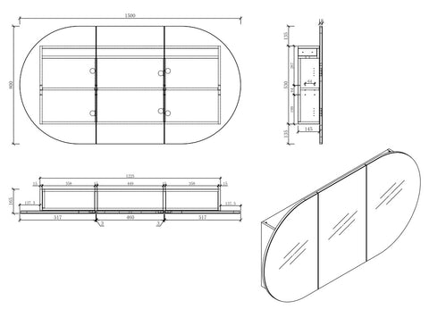 Oval Mirror Cabinet Pencil Edge 900x600 / 1200x750 / 1500x900mm - Various Colours