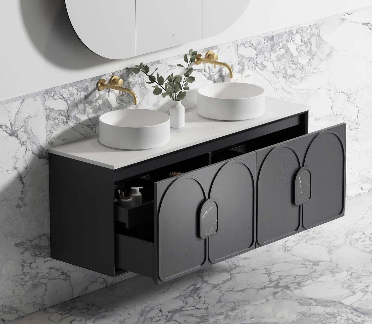 BV90WH Black Oak with Stone handle Wall Hung Vanity - 600 / 750 / 900 / 1200 / 1500 / 1800mm