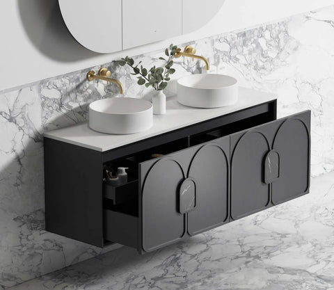BV90WH Black Oak with Stone handle Wall Hung Vanity - 600 / 750 / 900 / 1200 / 1500 / 1800mm