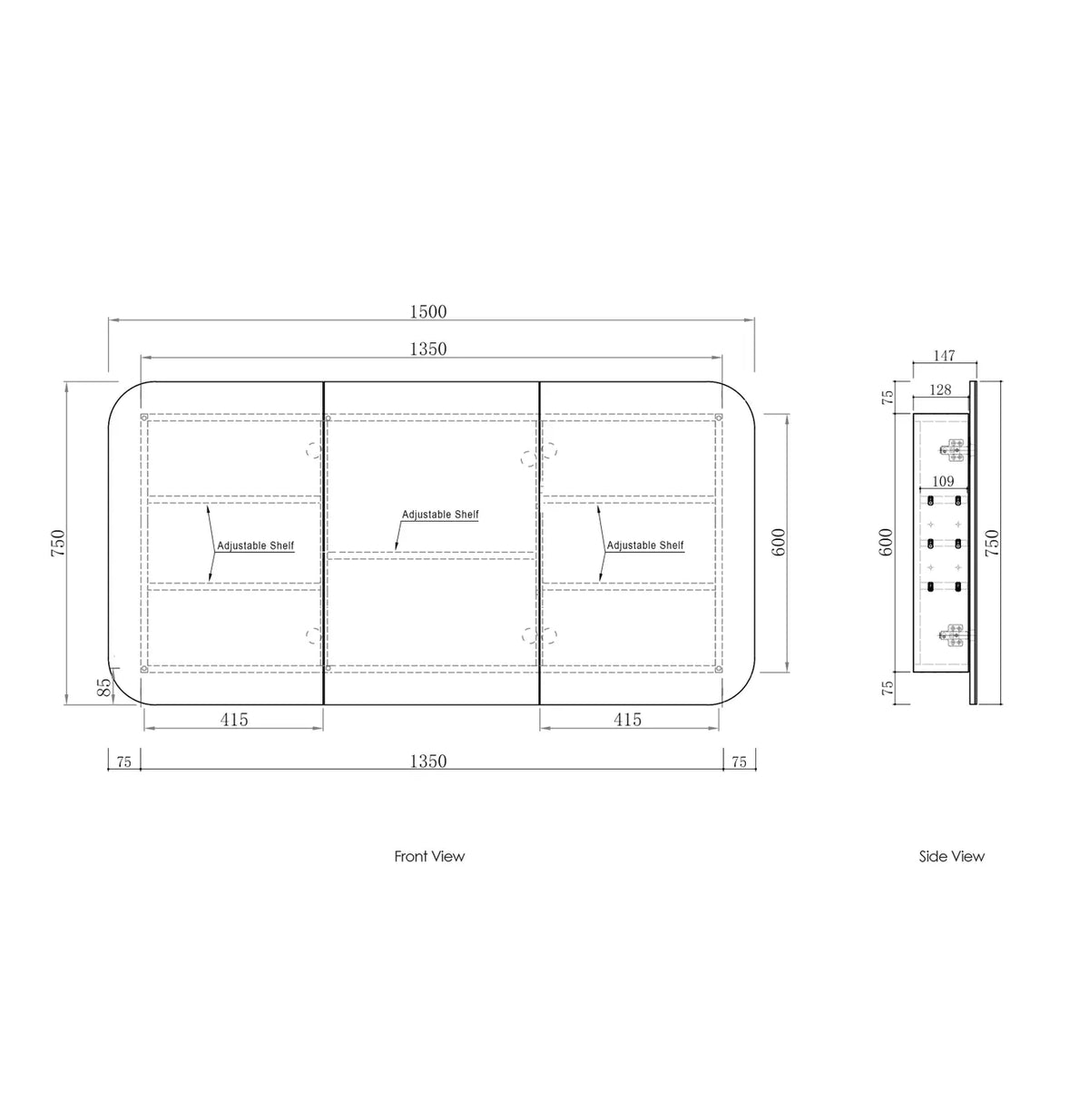 Soft Square Mirror Cabinet Pencil Edge 900/1200/1500/1800mm - Matte White / Natural Oak / Sable Walnut
