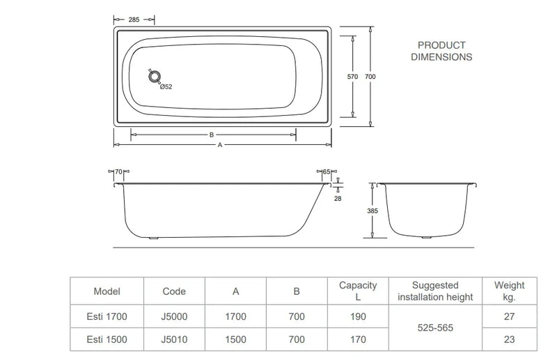 Pressed Steel Drop in / Inset Bath 1500 / 1700 mm - Enamelled White