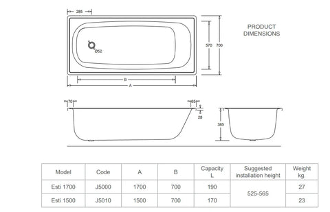 Pressed Steel Drop in / Inset Bath 1500 / 1700 mm - Enamelled White