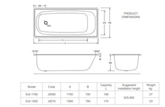 Pressed Steel Drop in / Inset Bath 1500 / 1700 mm - Enamelled White