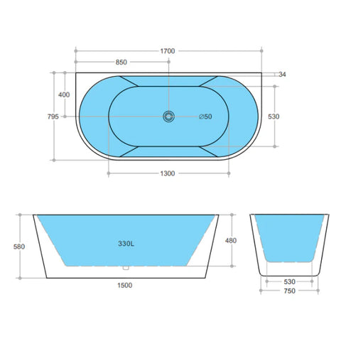 Back to Wall Freestanding Bath 1500 / 1700mm - Matte Black & White