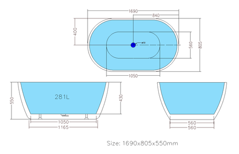 Oval Freestanding Bath 1000 / 1300 / 1400 / 1530 / 1600 / 1700 mm - Gloss White