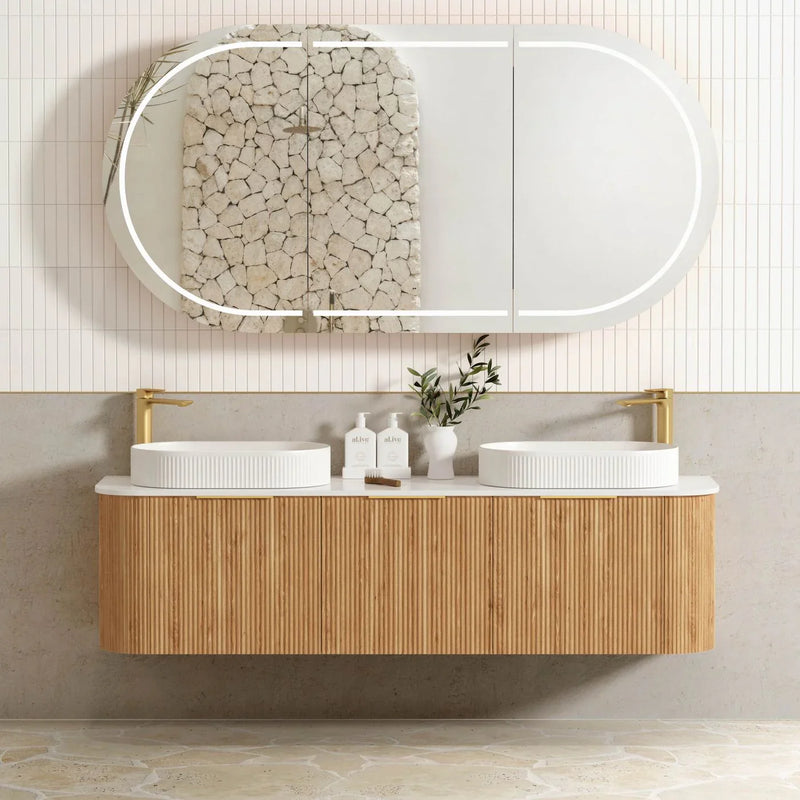 BV12WH Curved Flute Natural Oak Wall Hung Vanity - 600 / 750 / 900 / 1200 / 1500 / 1800mm