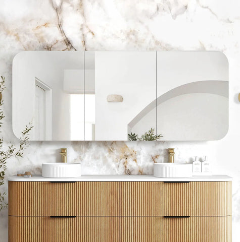 Soft Square Mirror Cabinet Pencil Edge 900/1200/1500/1800mm - Matte White / Natural Oak