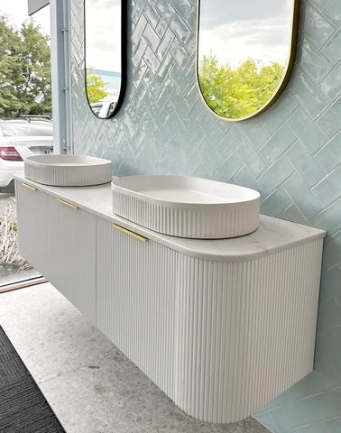 BV63WH Curved Fluted Matte White Wall Hung Vanity with Satin White Stone Top -  1500mm (Stock Clearance)