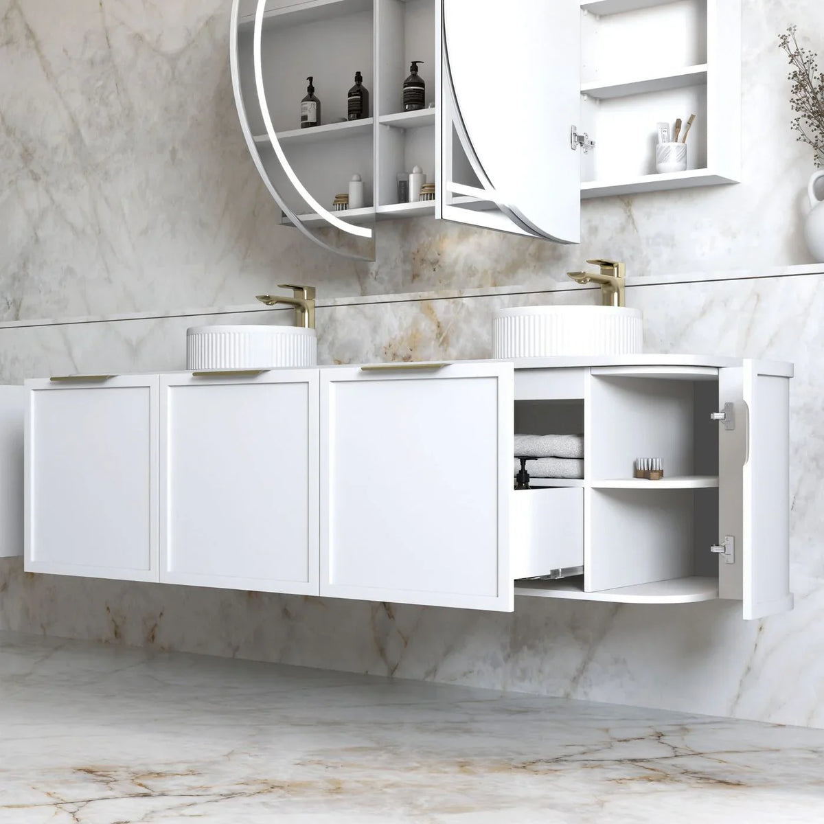 BV57WH Matte White Shaker Curved Wall Hung Vanity - 600 / 750 / 900 / 1200 / 1500 / 1800mm
