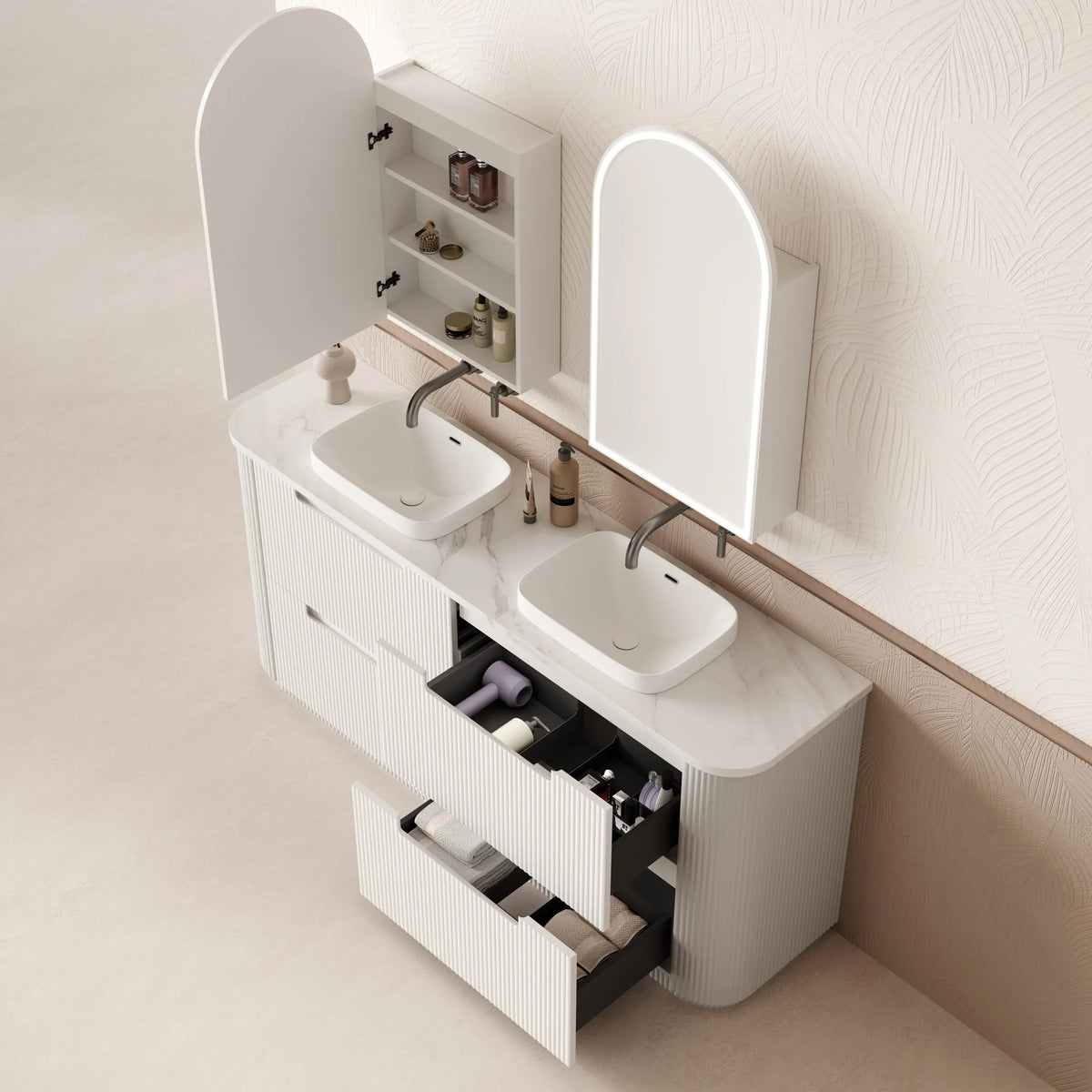 BV46 Fluted Matte White Curve Freestanding Vanity