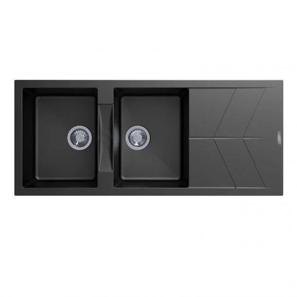 Granite Black Double Bowls with Drainer Topmount Kitchen Sink 1160x500mm - Various Colours