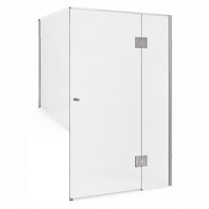 SS49 Semi Frameless Hinged Door Shower Screen, Front & Half Return, Various Colours & Sizes