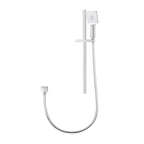 Chrome shower head and hose on a white background