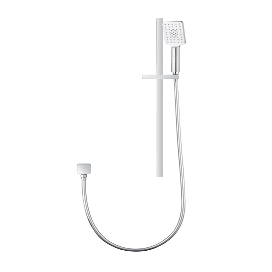 Chrome shower head and hose on a white background