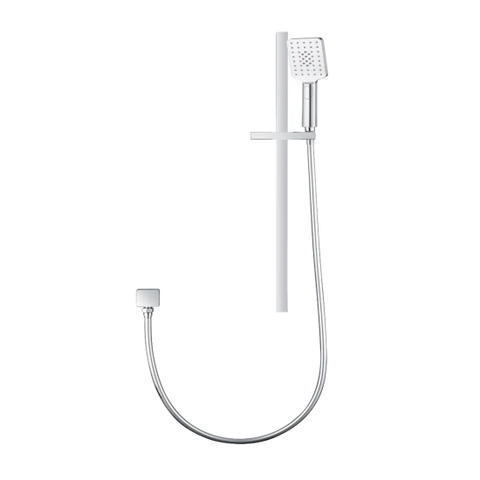 Chrome shower head and hose on a white background