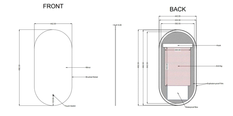 Pill Shape Framed LED Mirror with Demister 450x900mm - Various Colours Frame